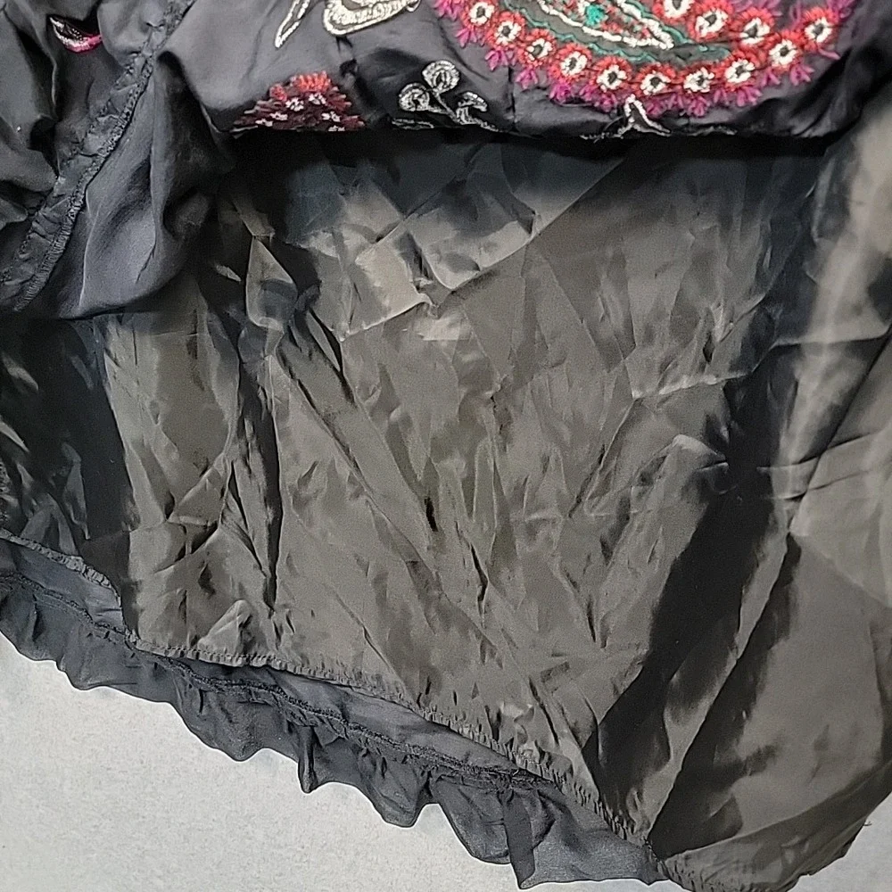 CAROLE LITTLE Silk Midi Skirt Black Embroidered Beaded Tiered Ruffle Size 6 Boho